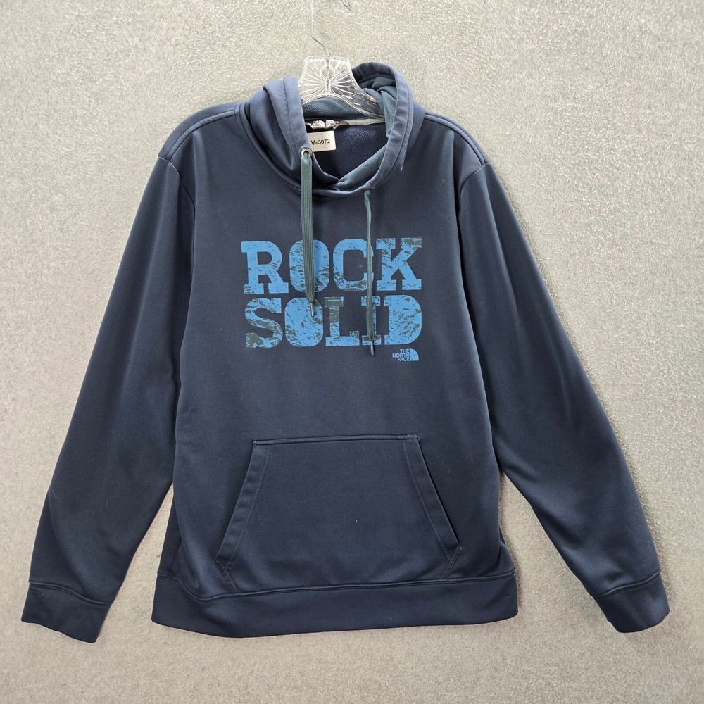 The North Face Men Sweatshirt Medium Blue Hoodie Logo Rock Solid Fleece Pullover